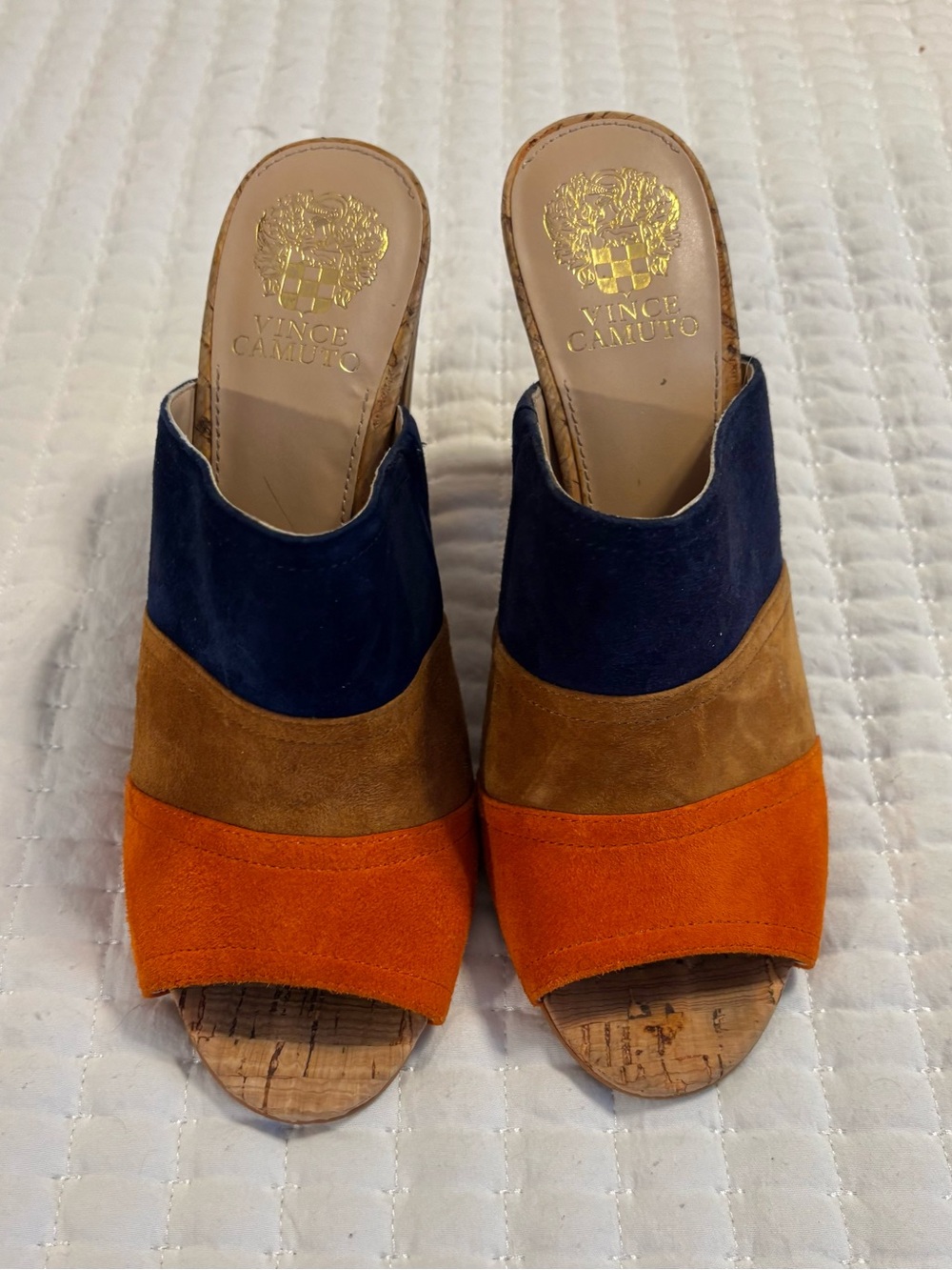 Vince Camuto Tricolor Suede Open-Toe Mules - Navy/Chestnut/Orange